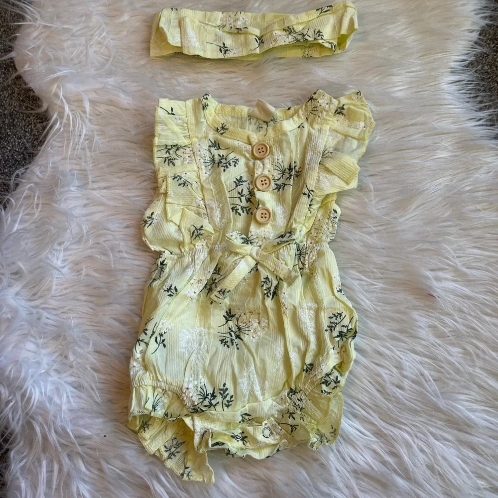 NWT! Baby girl light yellow floral romper with headband 12-24 months
